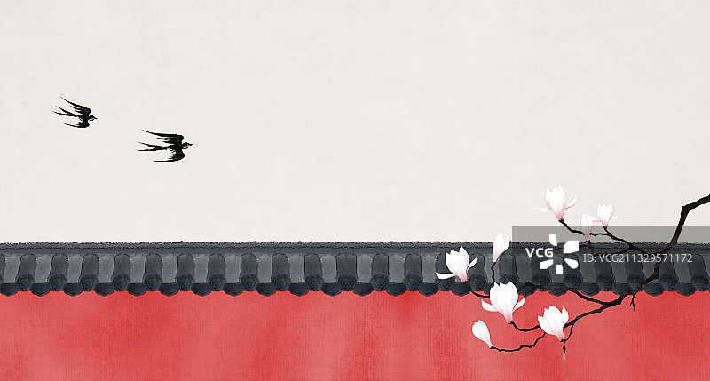 中式插画背景红墙燕子图片素材