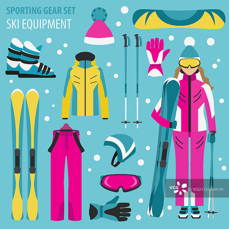 运动装备集滑雪装备和女滑雪者图片素材
