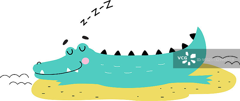 可爱的鳄鱼睡在沙滩上，真可笑图片素材