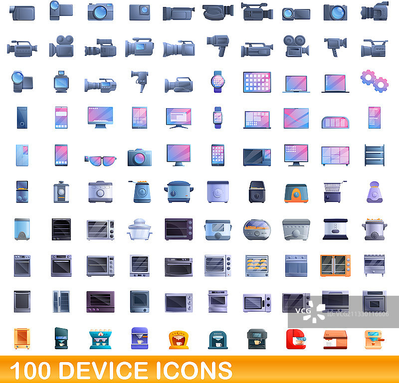 100个设备图标设置卡通风格图片素材