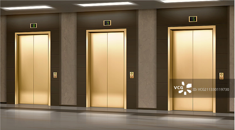 走廊里的金色闭门电梯图片素材