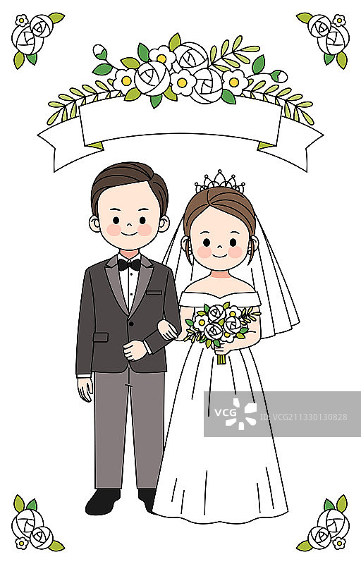 一对卡通新郎新娘婚纱照插画图片素材