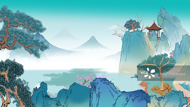 中国传统国风青绿山水意境山石松树吉祥插画图片素材