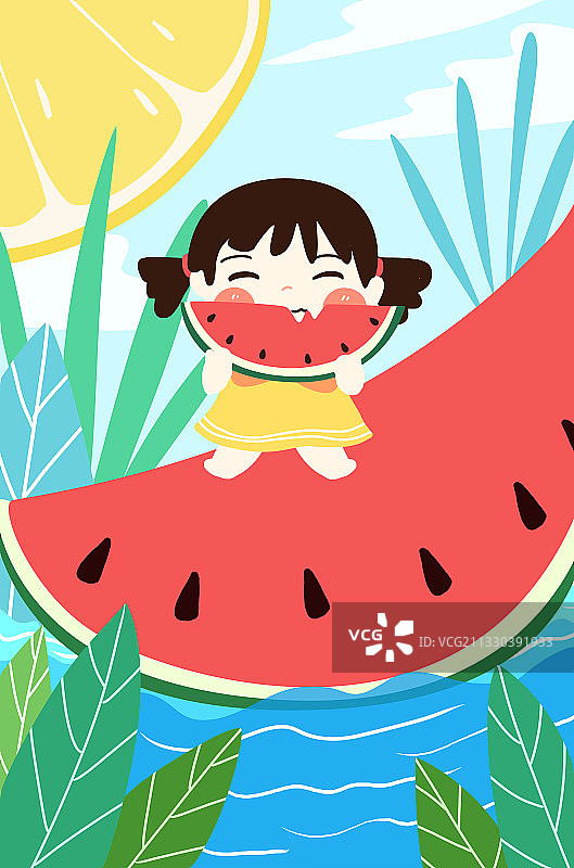 夏天吃西瓜插画图片素材