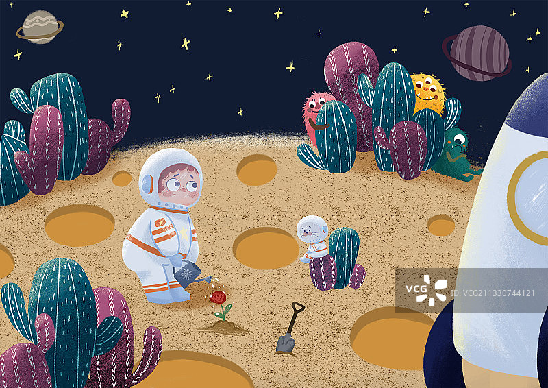 宇宙飞船月球种花插画图片素材