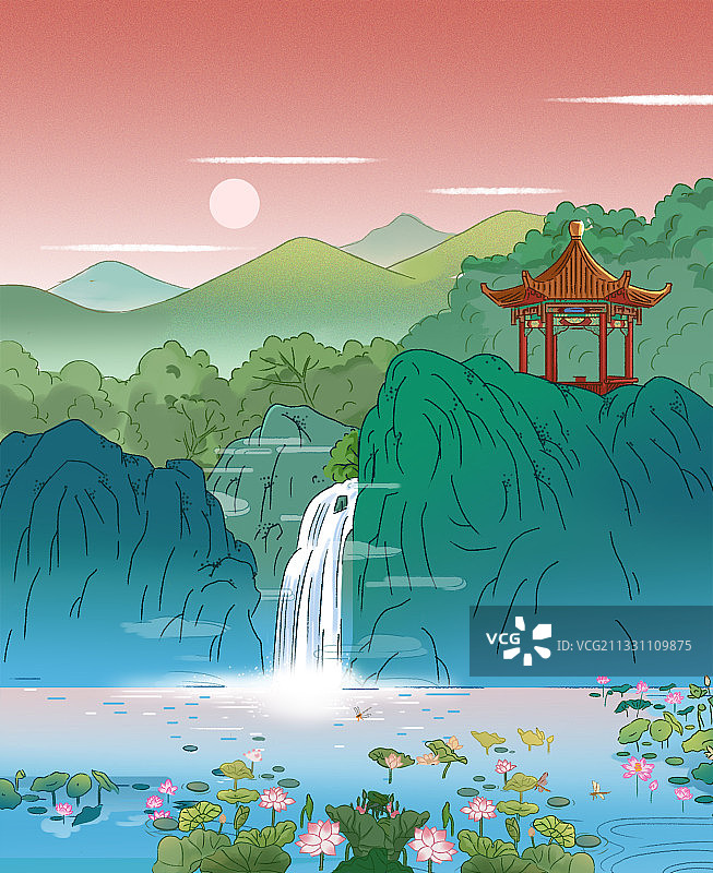 中国风传统风景旅游景点亭台楼阁湖景插画图片素材