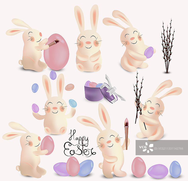 可爱的兔子与复活节彩蛋孤立在白色图片素材