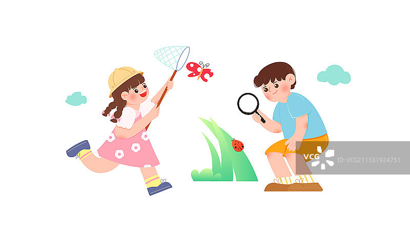 可爱儿童夏天户外捕虫玩耍矢量插画人物元素图片素材