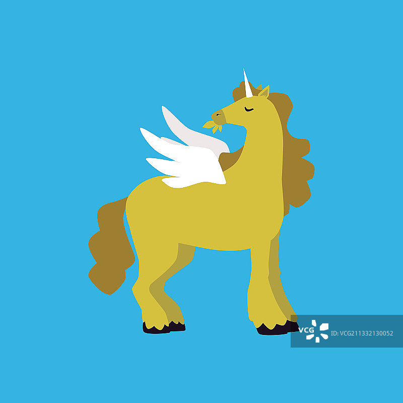 一匹童话般的马，长着角和白色翅膀图片素材
