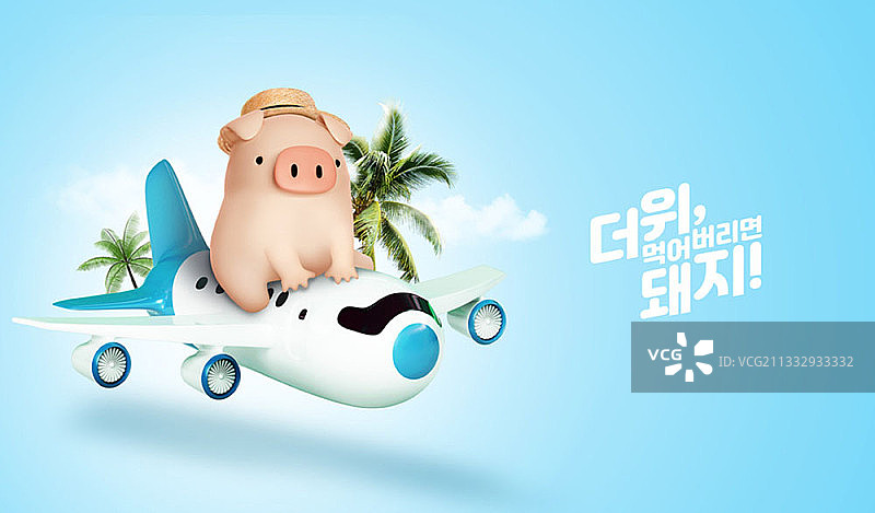 编辑图像的猪戴着夏天的帽子坐在飞机上飞行图片素材