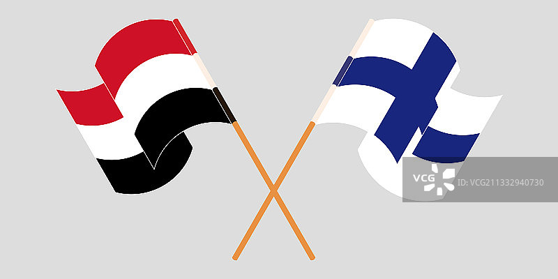 也门和芬兰的旗帜交叉挥舞图片素材