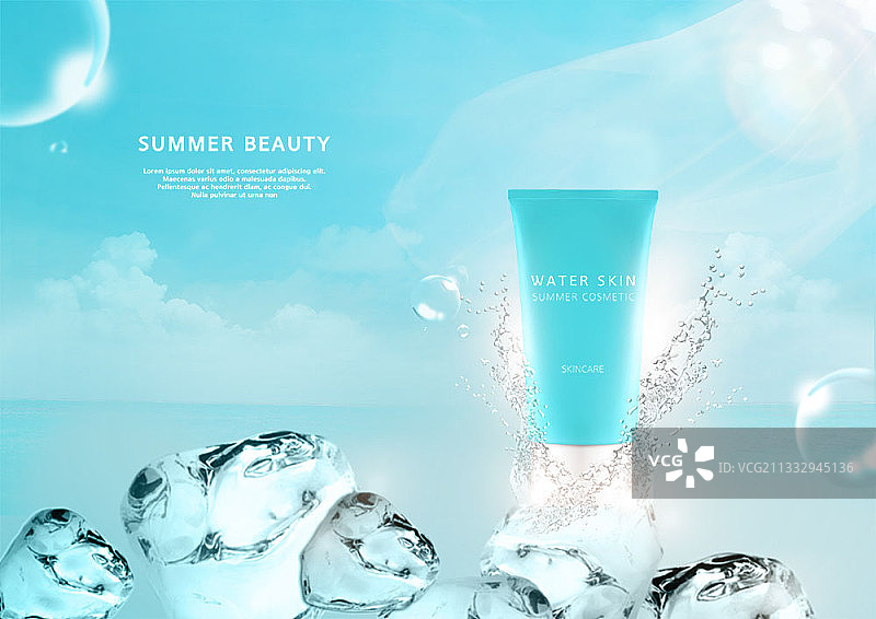 编辑图像的夏季美容概念与皮肤护理化妆品旁边的蓝色背景上的冰图片素材