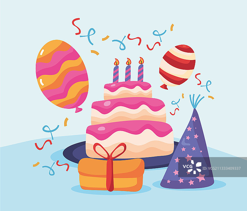 有帽子和气球的生日甜蜜蛋糕图片素材