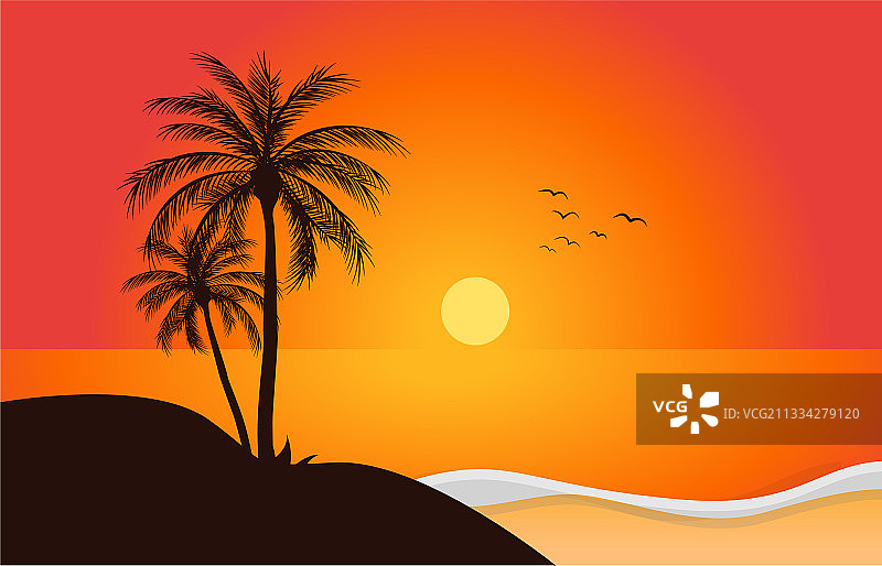 美丽的日落海滩，橙色的海水陆地图片素材