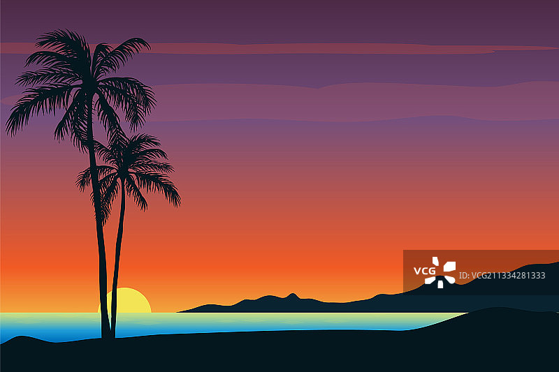 日落海滩，棕榈树和山脉图片素材