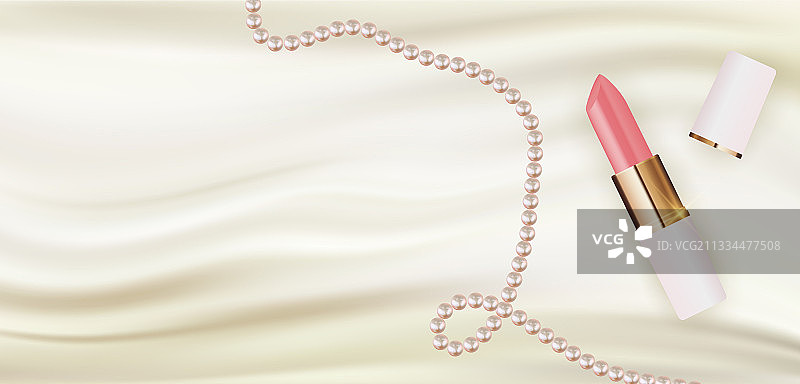 3d逼真的口红上的白色丝绸与珍珠图片素材