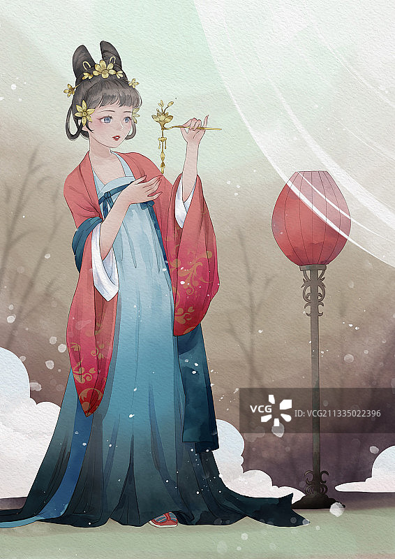 水彩风中国古典美人汉服宫灯插画图片素材