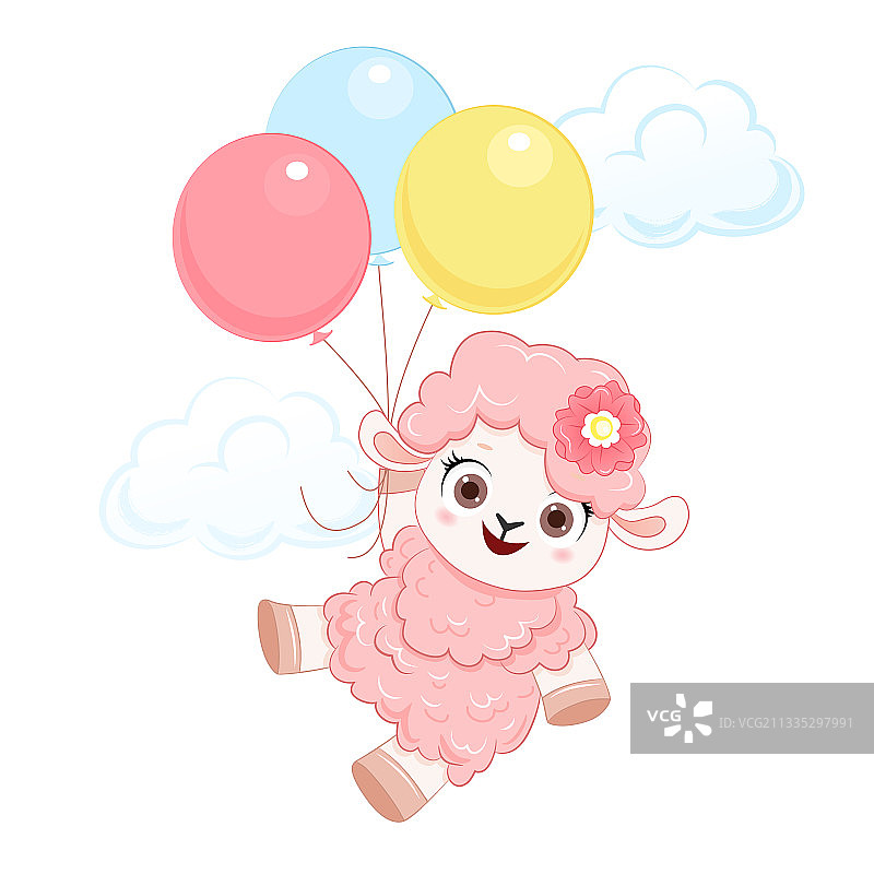卡通微笑的粉红色绵羊和气球图片素材