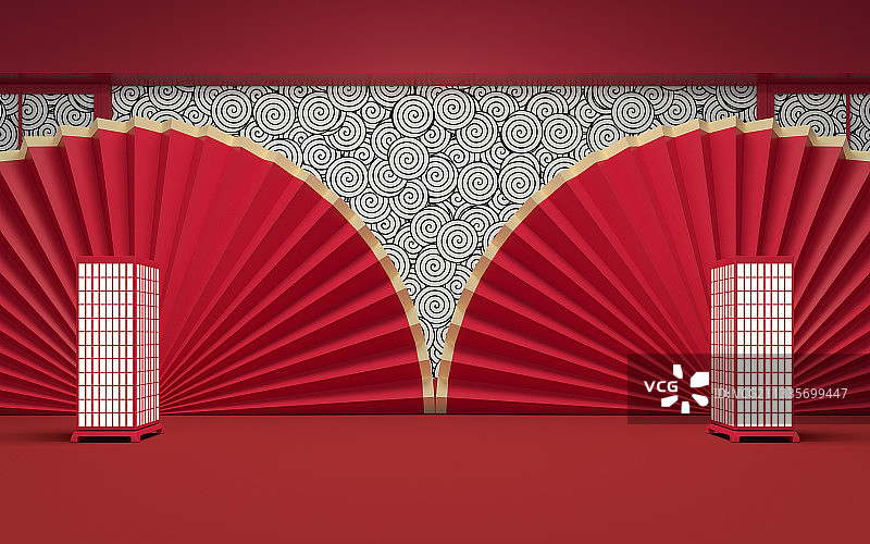中国风的红色空房间 3D渲染图片素材