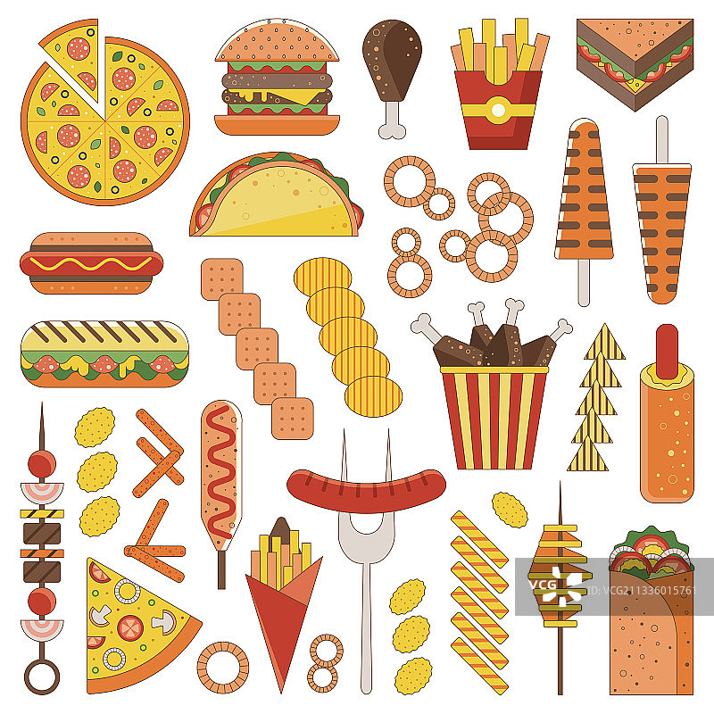 快餐和垃圾食品图标设置图片素材