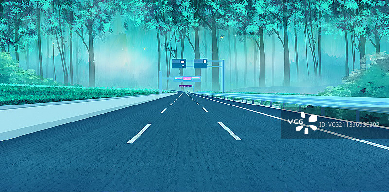 绿色森林里有一条公路插画背景图片素材