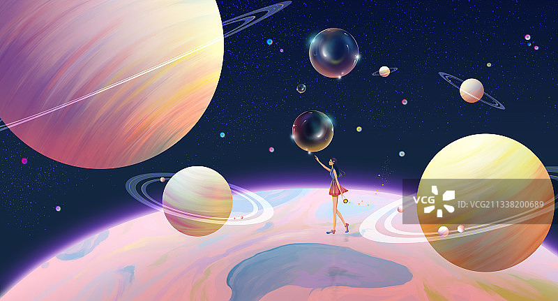 男孩在粉色行星上行走梦幻插画图片素材