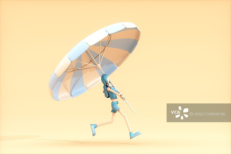 3D渲染的拿着遮阳伞的卡通女孩图片素材