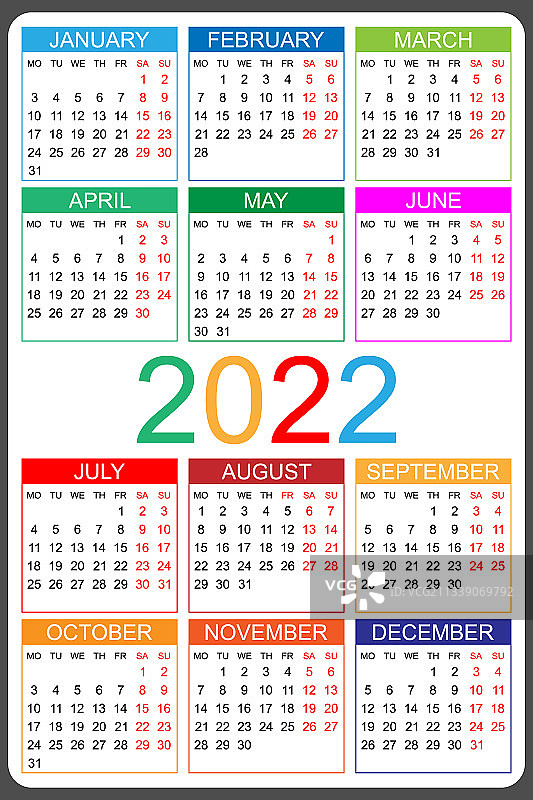日历2022年的年度周开始于星期一图片素材