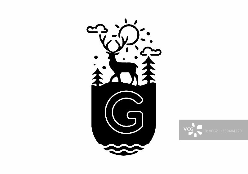 黑色线条艺术鹿徽章与g的初始名称图片素材