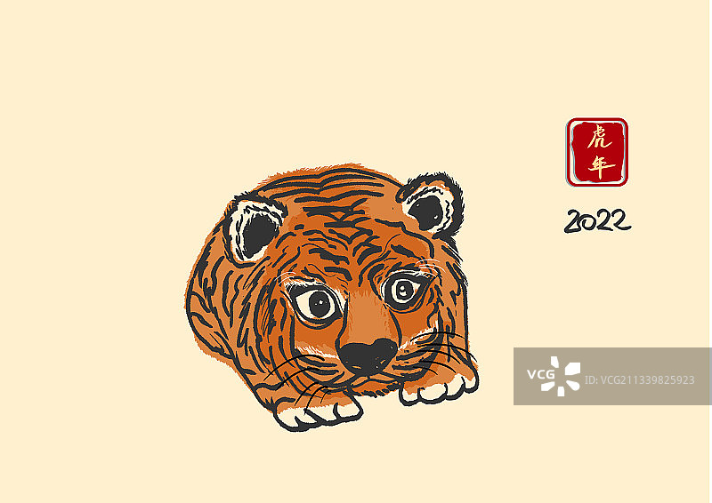 可爱的小老虎蜷缩成一团2022新年插画图片素材