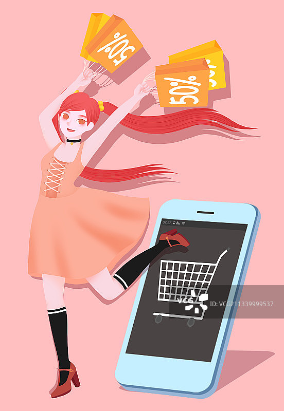 手机线上购物提着促销打折购物袋的女孩图片素材