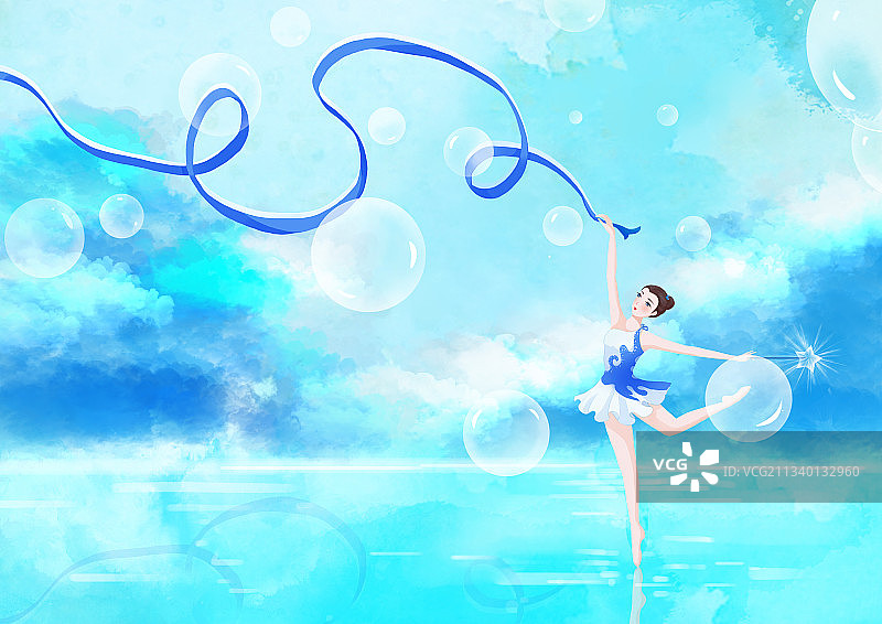蓝色梦幻海洋与海豚共舞的女孩图片素材