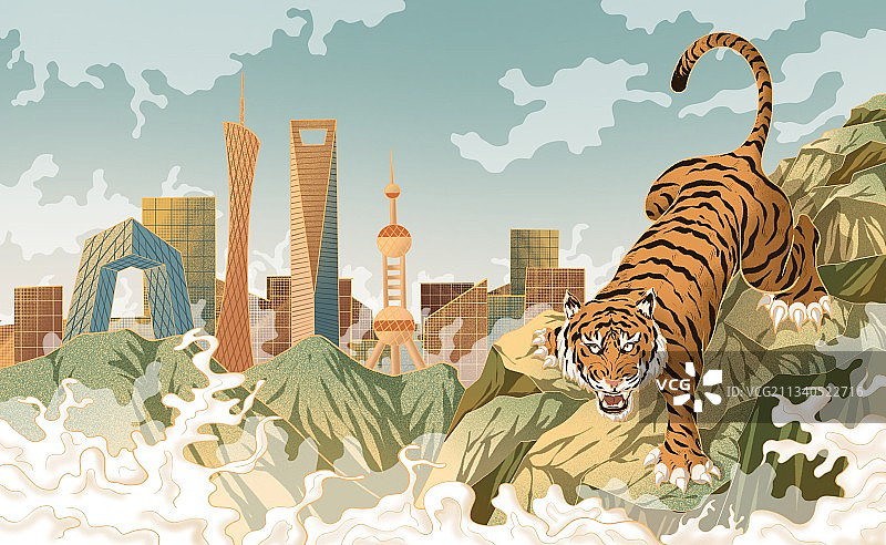 老虎和城市插画图片素材