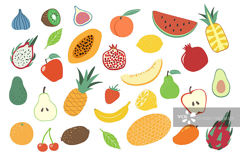 水果涂鸦苹果，橘子，梨，柠檬和图片素材