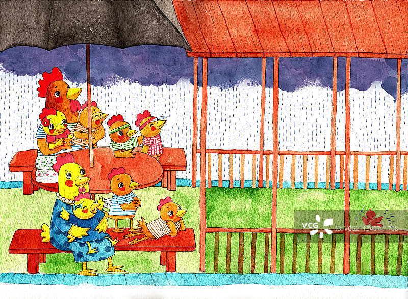 绘本插画母鸡小鸡系列-天突然下雨了，大家在走廊里避雨图片素材