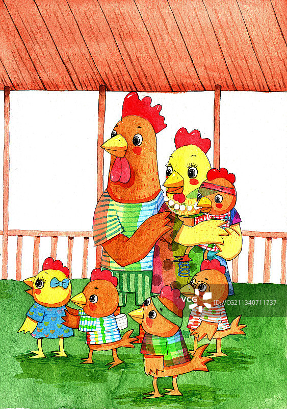 绘本插画母鸡小鸡系列-鸡爸爸和鸡妈妈带着一群小鸡图片素材