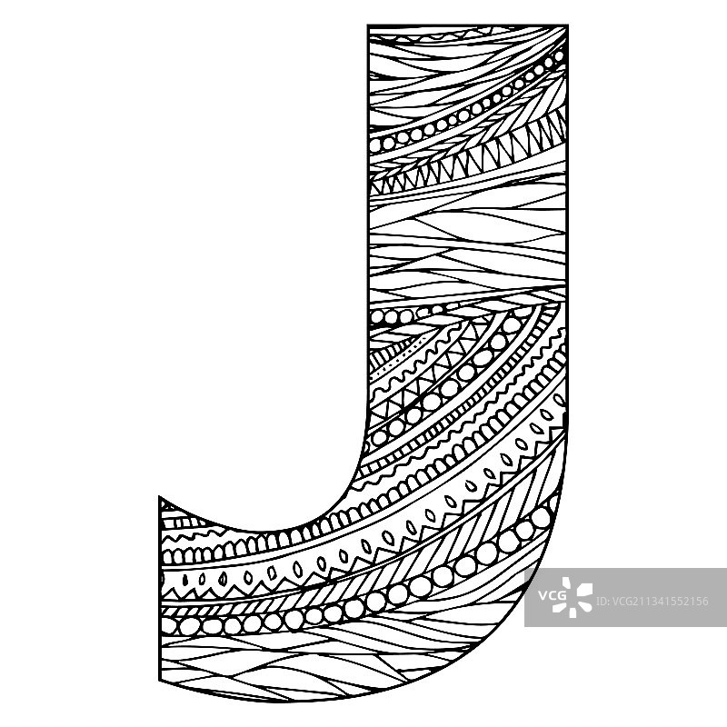 Zentangle程式化的字母-字母j黑色图片素材