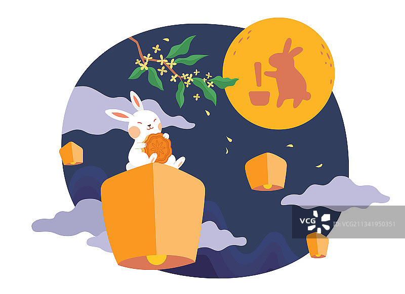 乘坐天灯赏月的玉兔 中秋平面插图图片素材