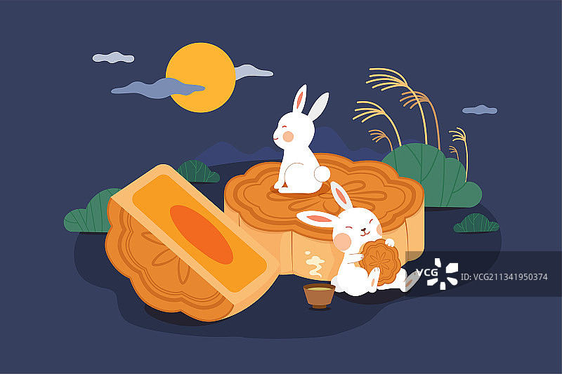 中秋佳节玉兔享用美味月饼平面插图图片素材