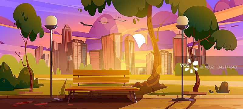 城市公园有长凳日落的城市景观图片素材