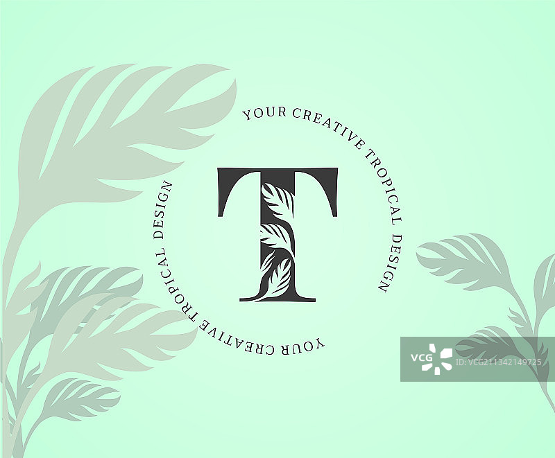 奇异的字母t标志与怪物植物叶子图片素材