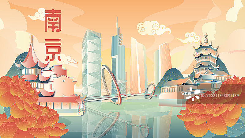 南京国潮中国风城市建筑横板有字图片素材