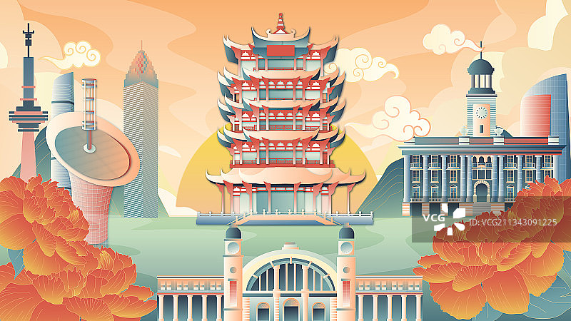 武汉国潮中国风城市建筑横版无字图片素材
