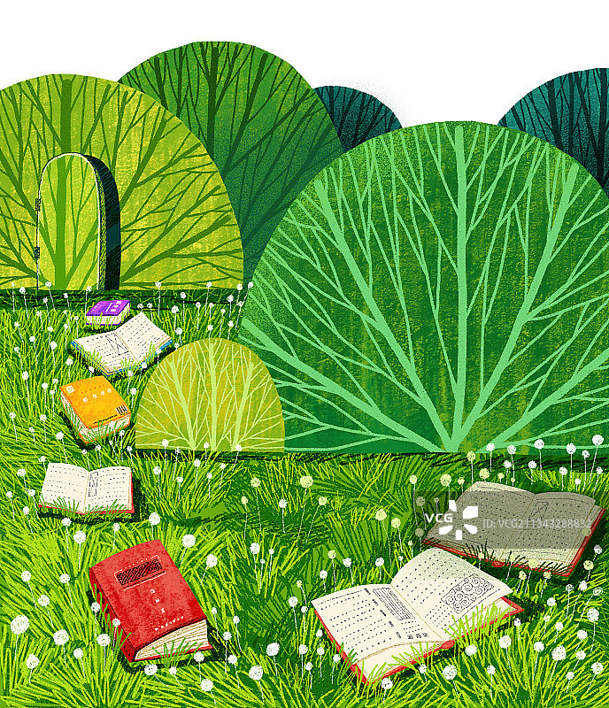 风景插画-草地上的图书图片素材