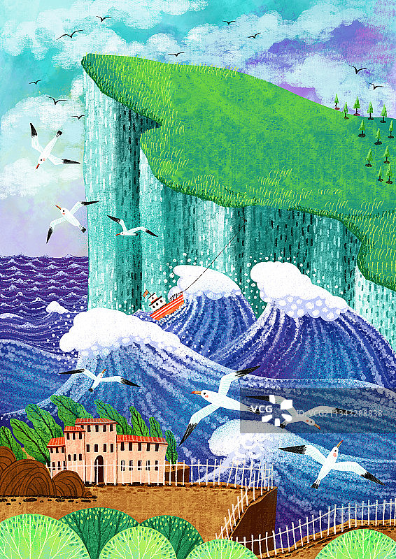风景插画-悬崖海浪海鸥和房子图片素材