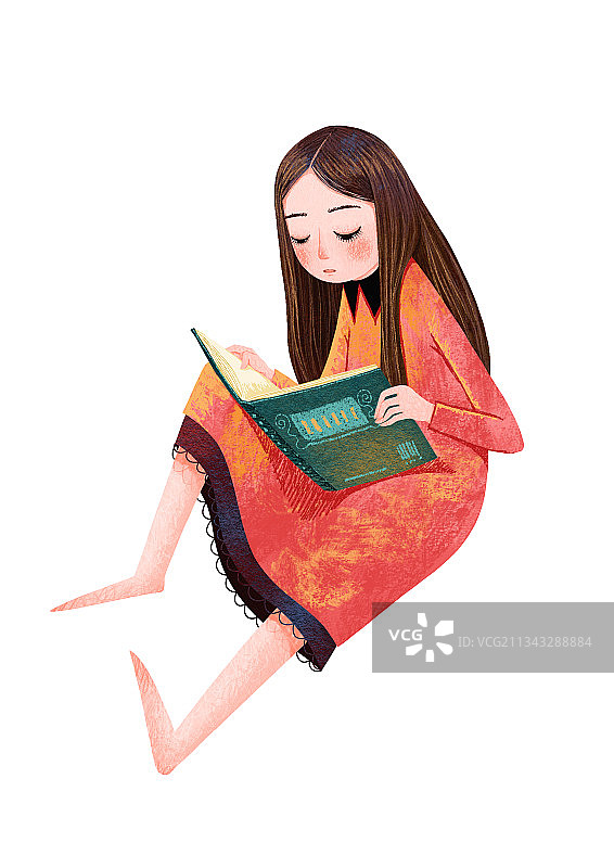 人物插画系列-坐在地上看书的女孩图片素材