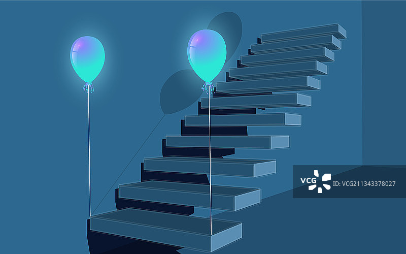 深蓝色楼梯与气球3d步骤蓝色图片素材