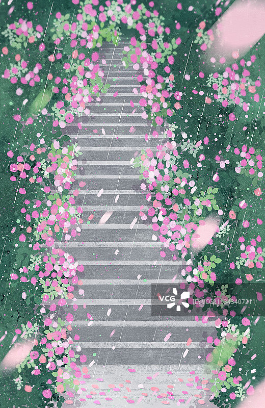 下雨天女孩撑伞蔷薇花楼梯场景图片素材