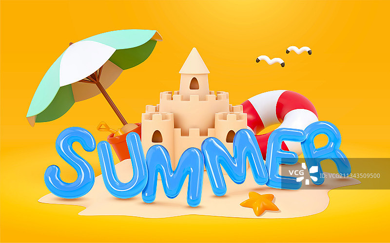 夏日概念三维插图 沙滩城堡与遮阳伞素材图片素材