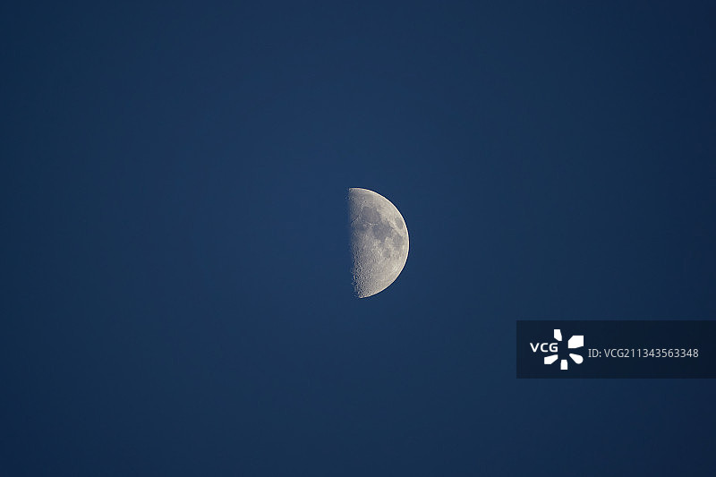 低角度的月亮对晴朗的天空在晚上，英国，英国图片素材